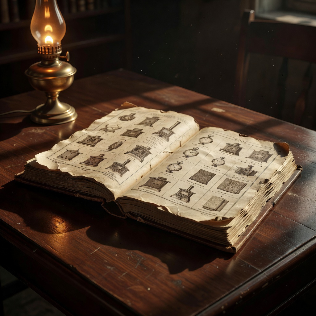 Antique mail-order catalogue under amber lamp
