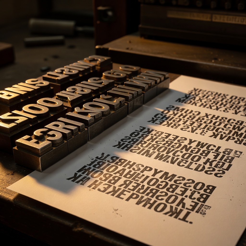 Close view of metal letterpress type and a printed specimen sheet under hard amber side light