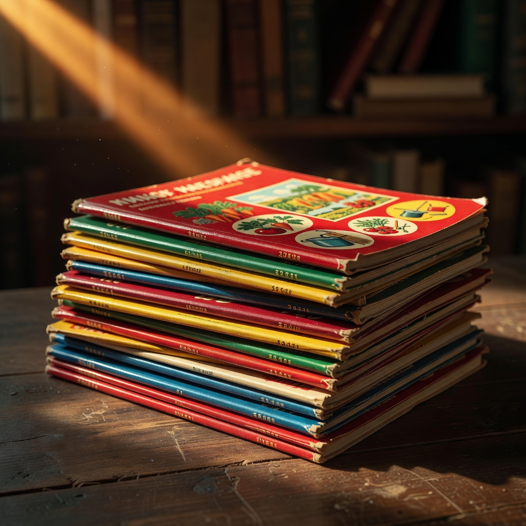 Stack of colourful vintage seed and household catalogues, glossy covers catching an amber key light