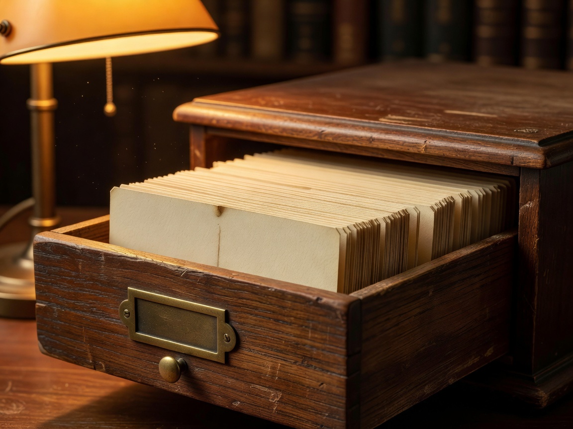 Wooden drawer of handwritten index cards, one card raised and lit by amber lamp