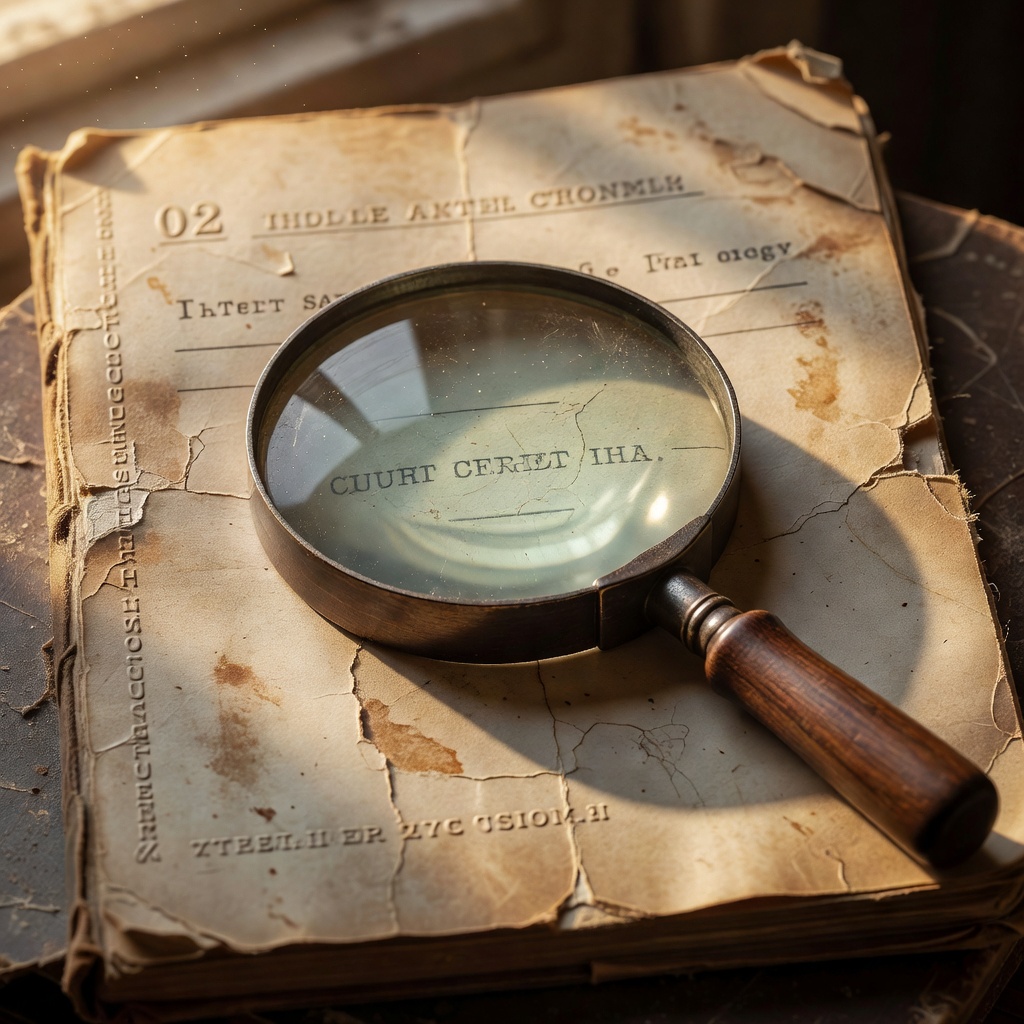 Magnifying glass resting on a faded catalogue cover, amber light picking out the printed address
