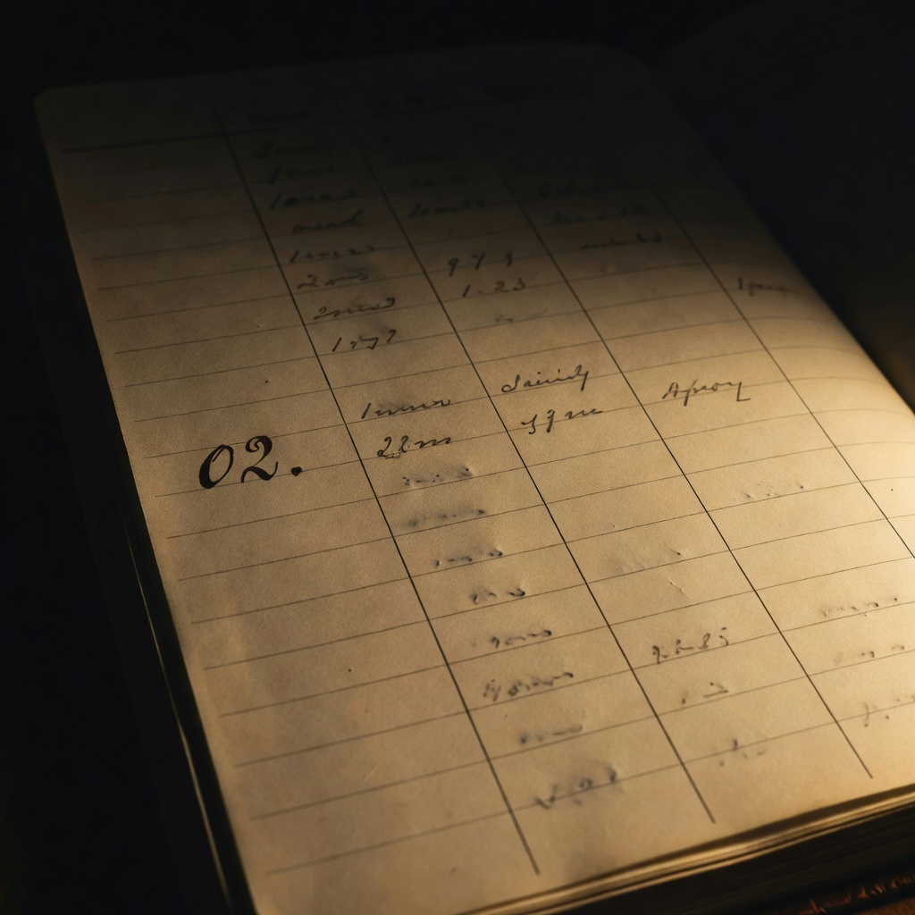 Handwritten ledger columns of dates and numbers under deep shadow and warm amber light