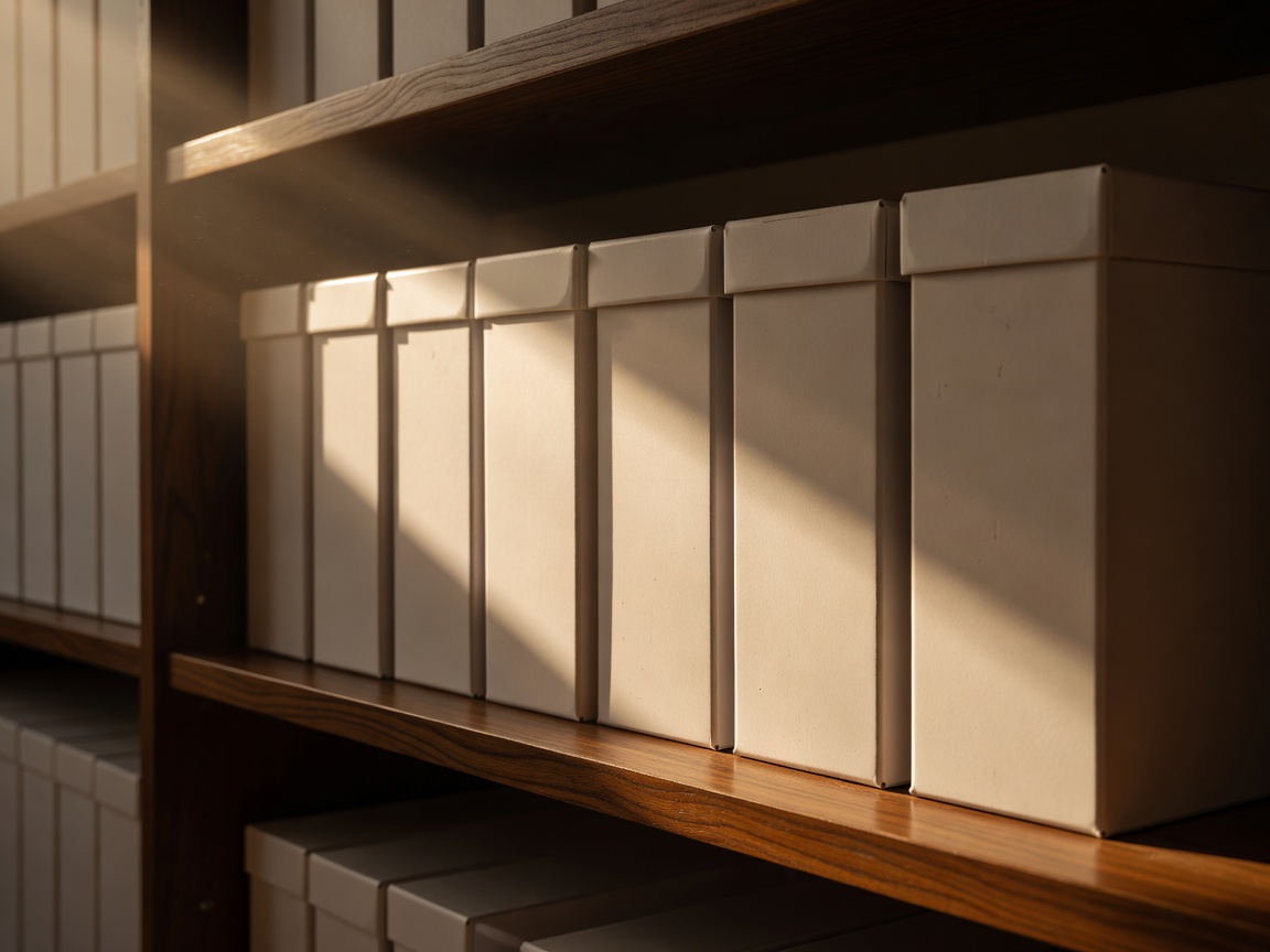 Acid-free archive boxes in raking amber light