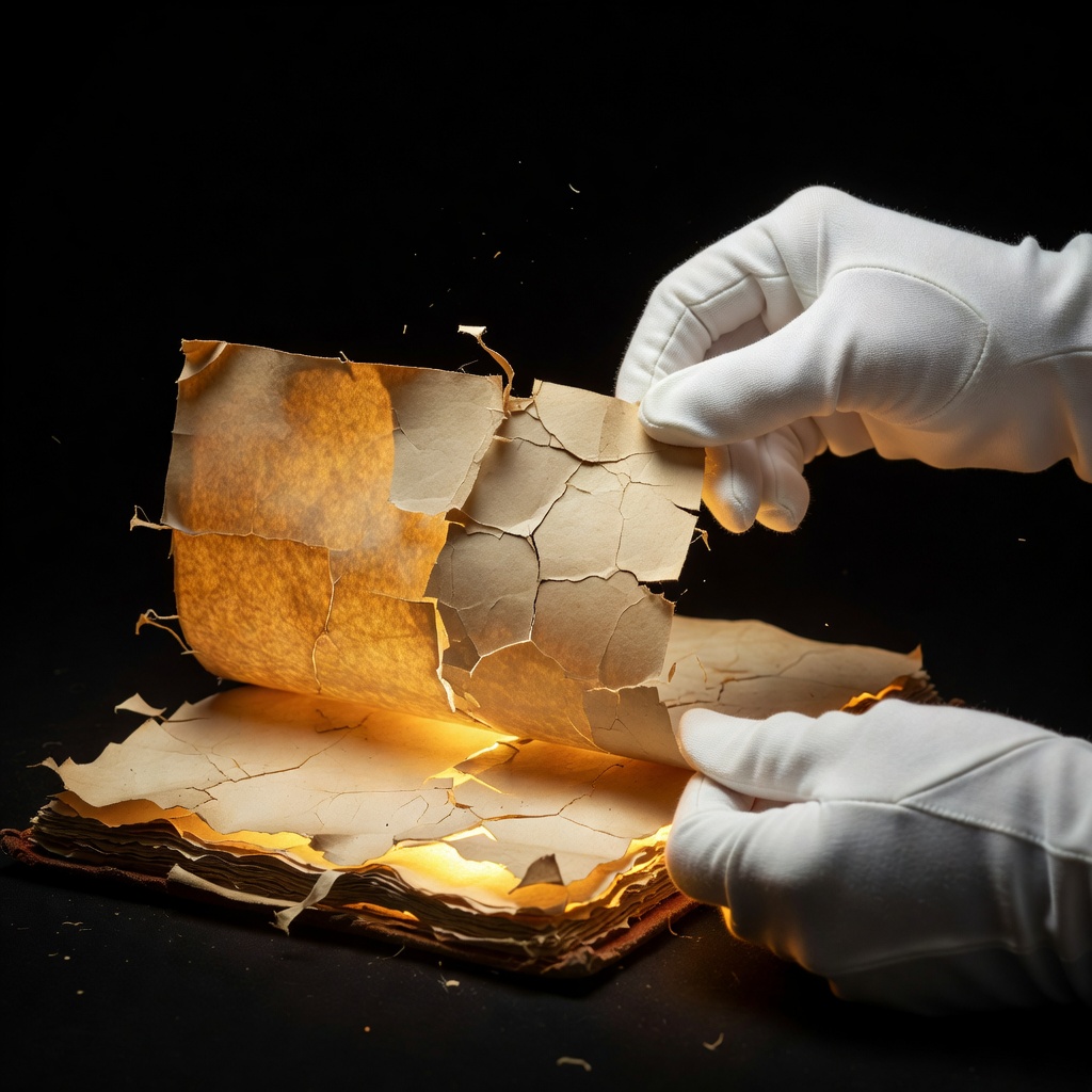 Clean hands turning a yellowed, brittle catalogue page, edges glowing in amber light against dark background