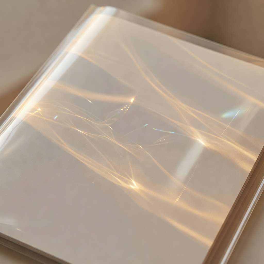 Catalogue cover inside a clear polyester sleeve, reflections catching warm amber light