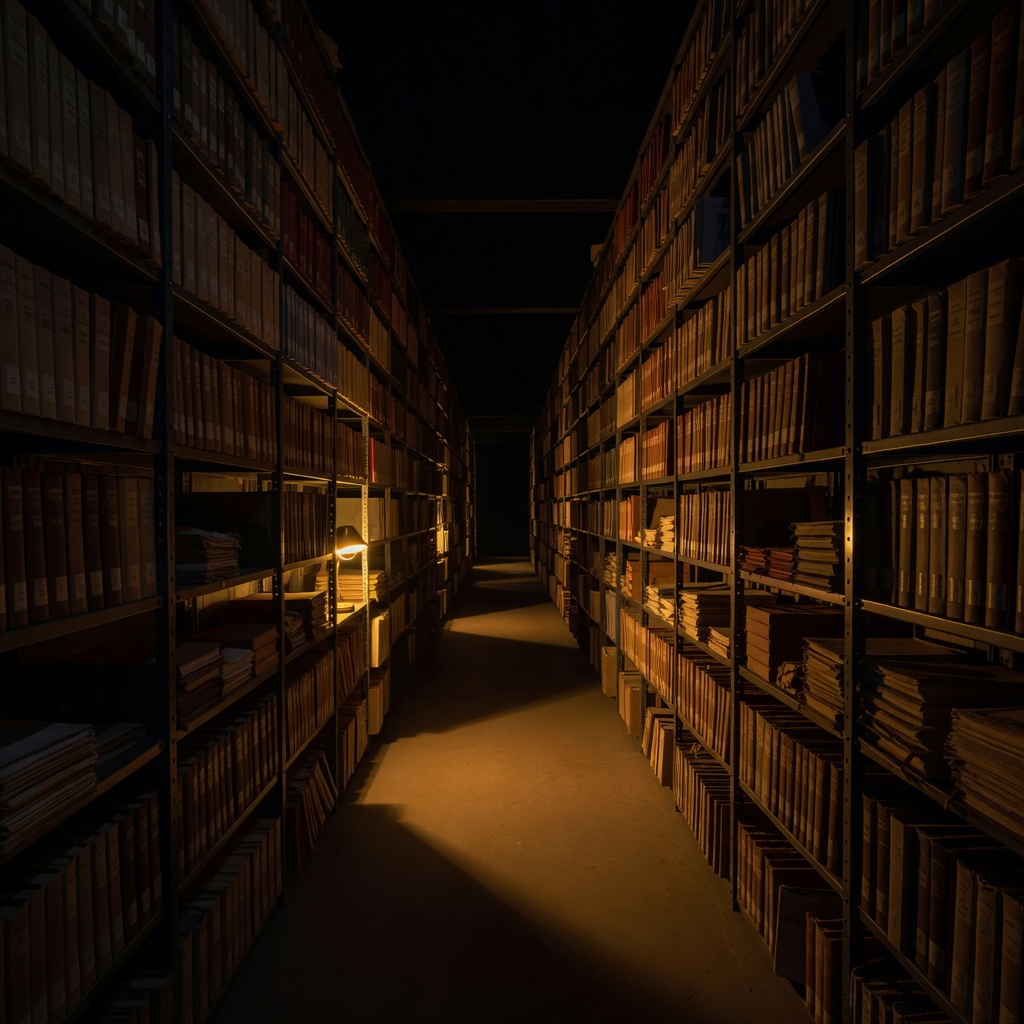 Long aisle of archive stacks receding into shadow, lit by a single warm amber light