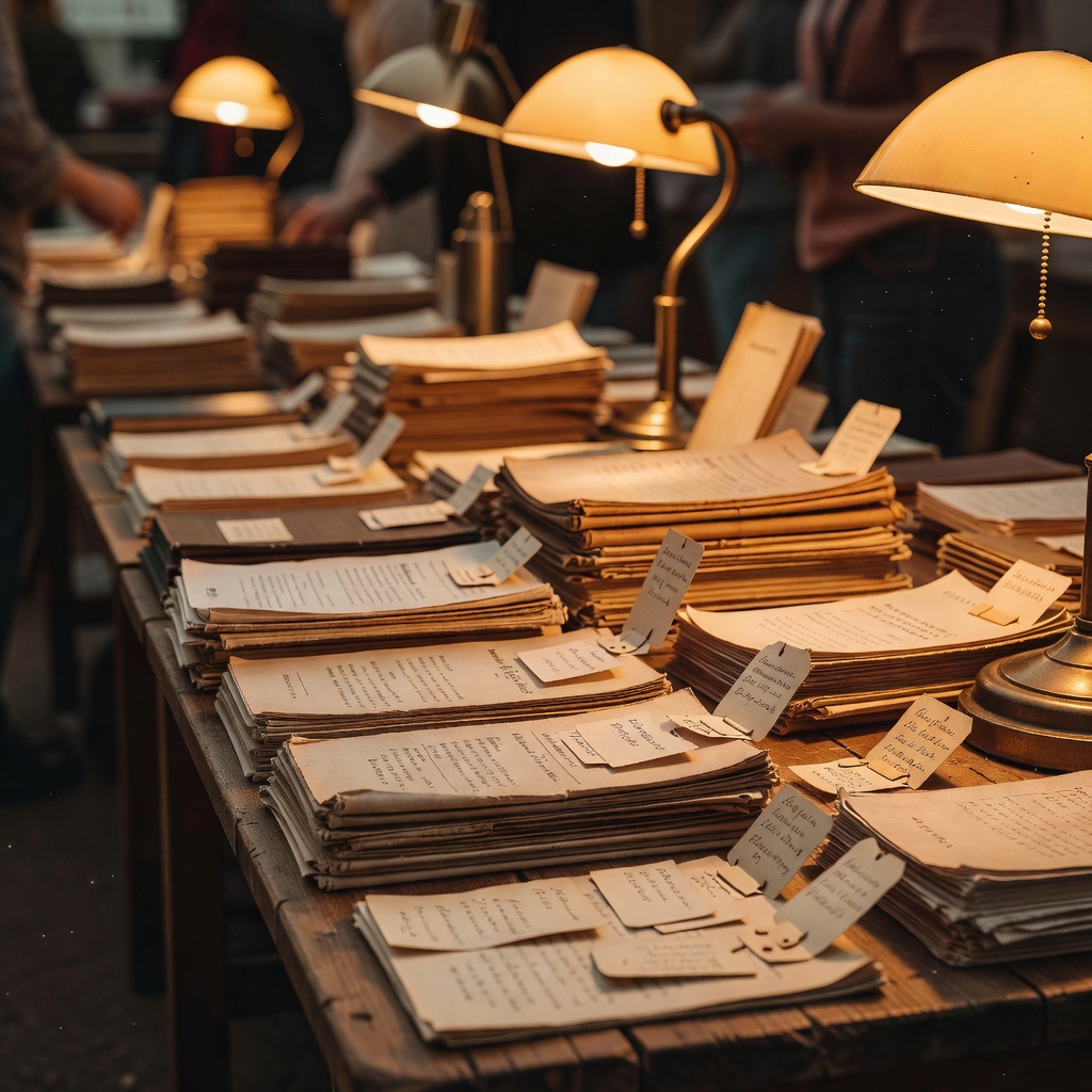 Dealer's table at an ephemera fair stacked with old catalogues and price tickets, lit by warm amber lamps