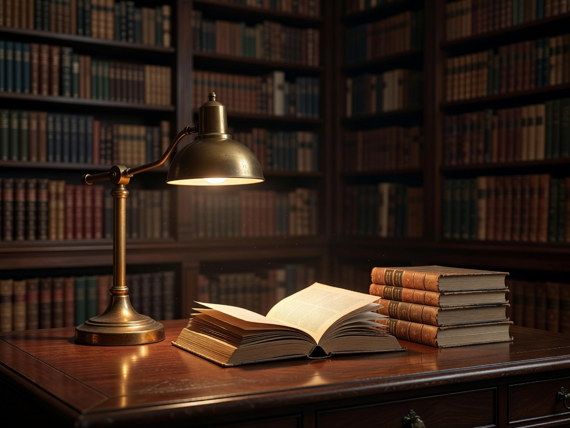 Reading room desk with brass lamp