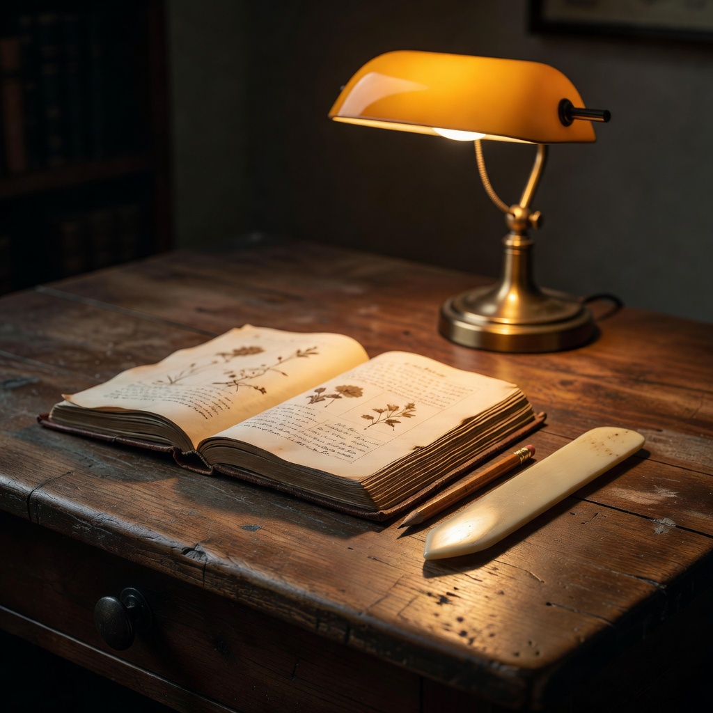 Archivist's workbench with bone folder, pencil and open catalogue beneath a single amber lamp