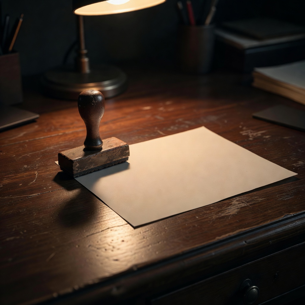 Rubber date stamp beside a paper request slip on a dark desk under amber light